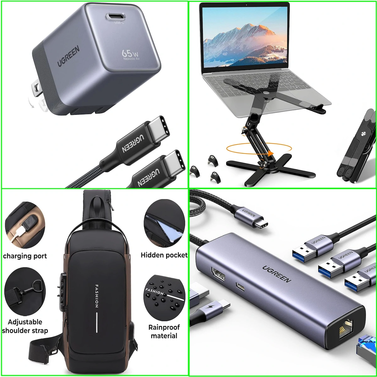 Four items in the CyberShield Team Prize Bundle: a 65W GaN charger, adjustable laptop stand, sling bag, and USB-C hub